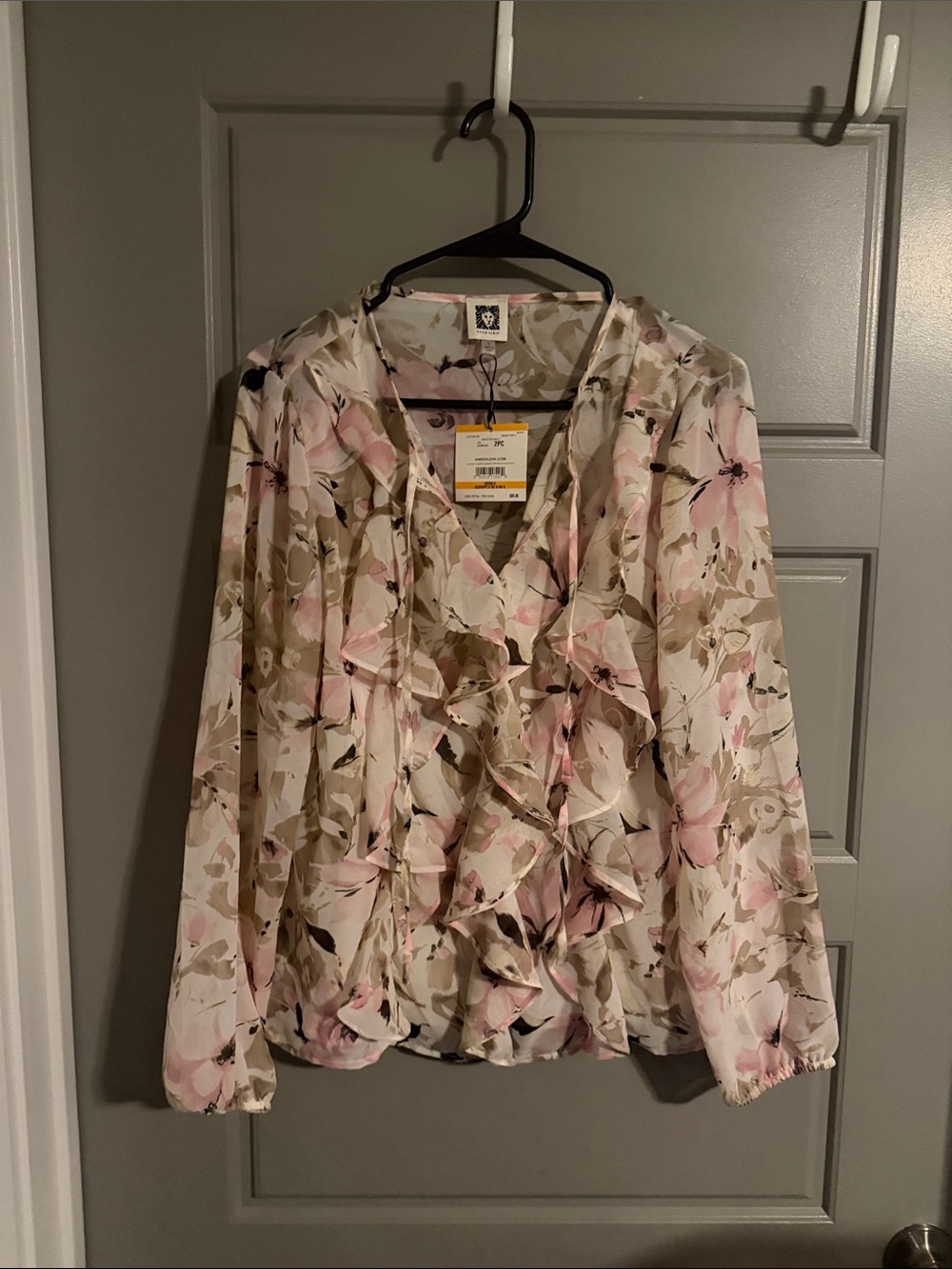 NWT Anne Klein White Dove Multi Pink Floral Ruffle Long Sleeve Blouse